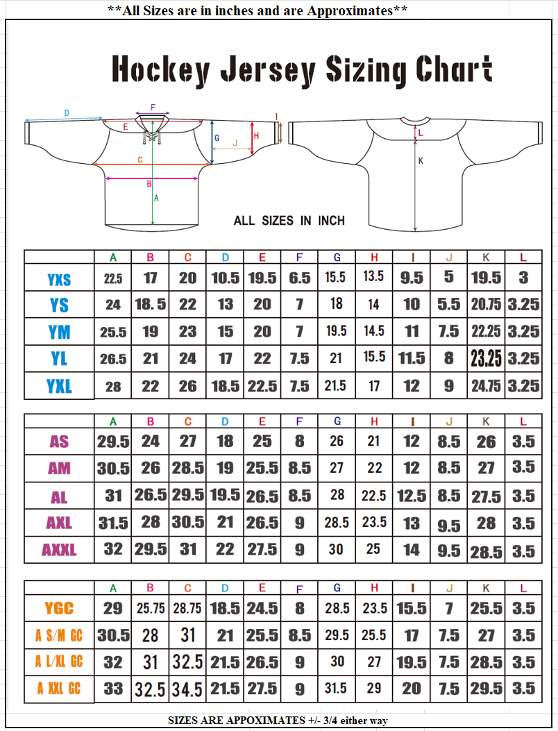 Hockey Jersey sizing chart