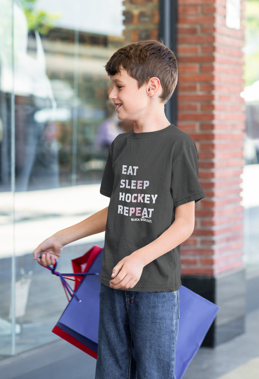 Eat Sleep Hockey Repeat White Print Youth T Shirt