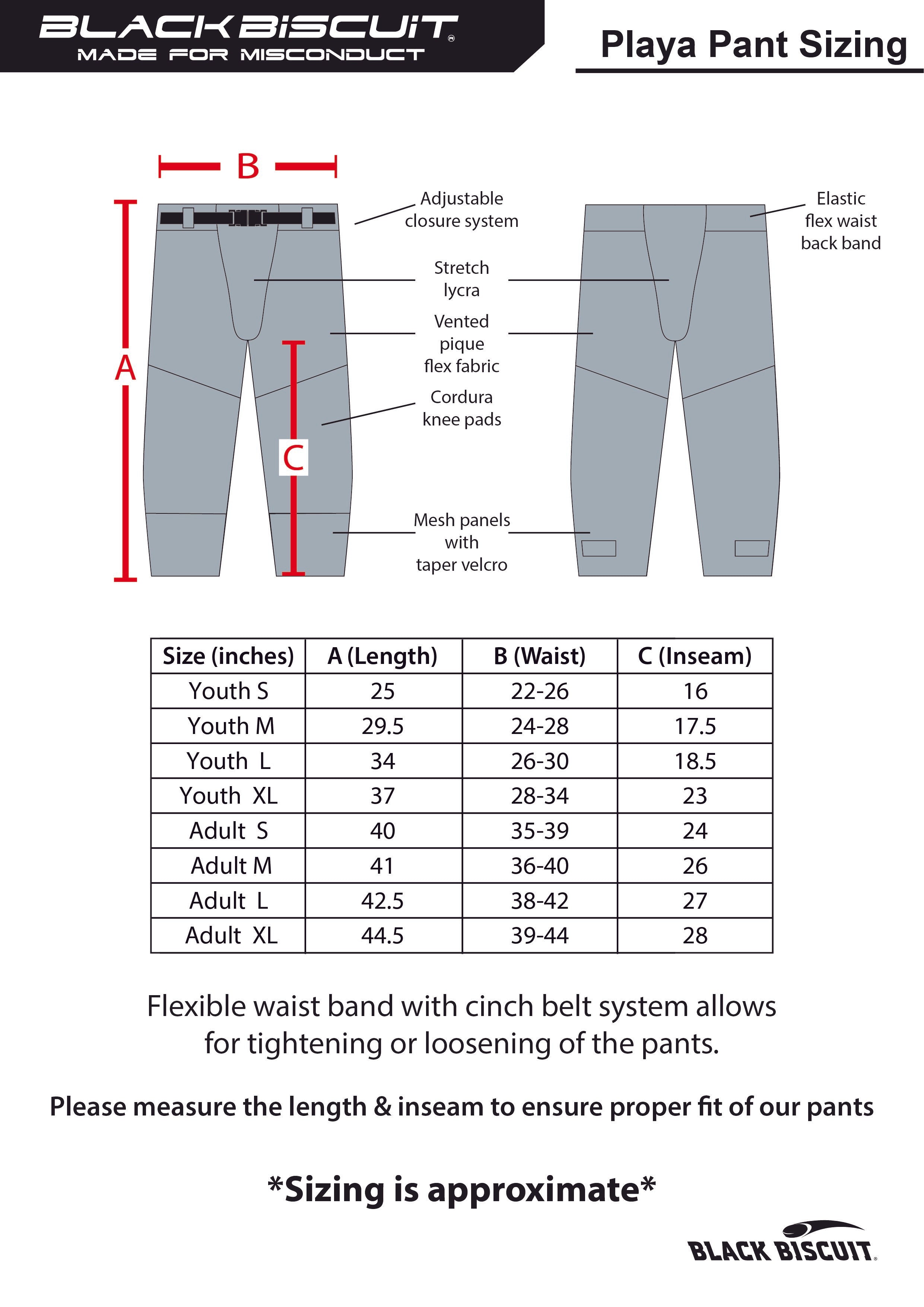 Playa Pant sizing chart